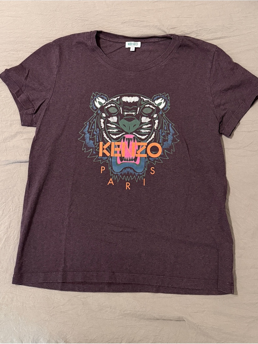 Kenzo Short-Sleeve Tee with Multicolor Tiger on Plum